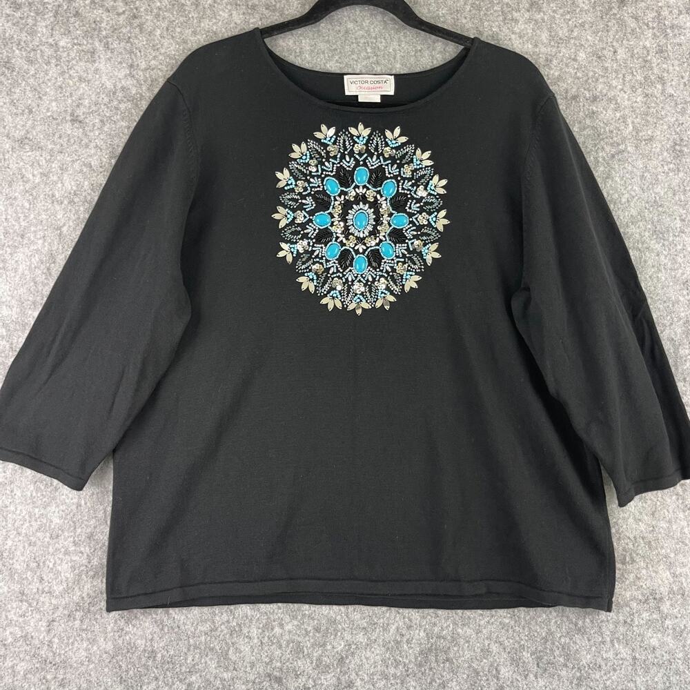 Vintage Victor Costa Sweater Womens XL Black Beaded Sequin 3/4 Sleeve Knit Artsy